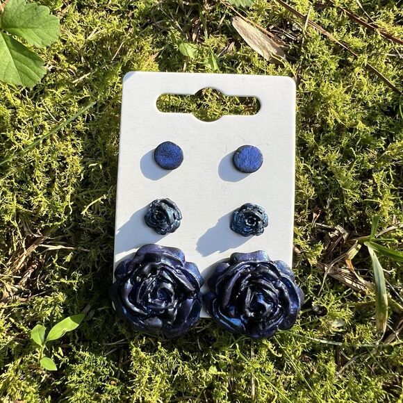 Handmade Polymer Clay Iridescent Blue And Purple Floral Stud 3 Pack Of Earrings - Picture 1 of 2